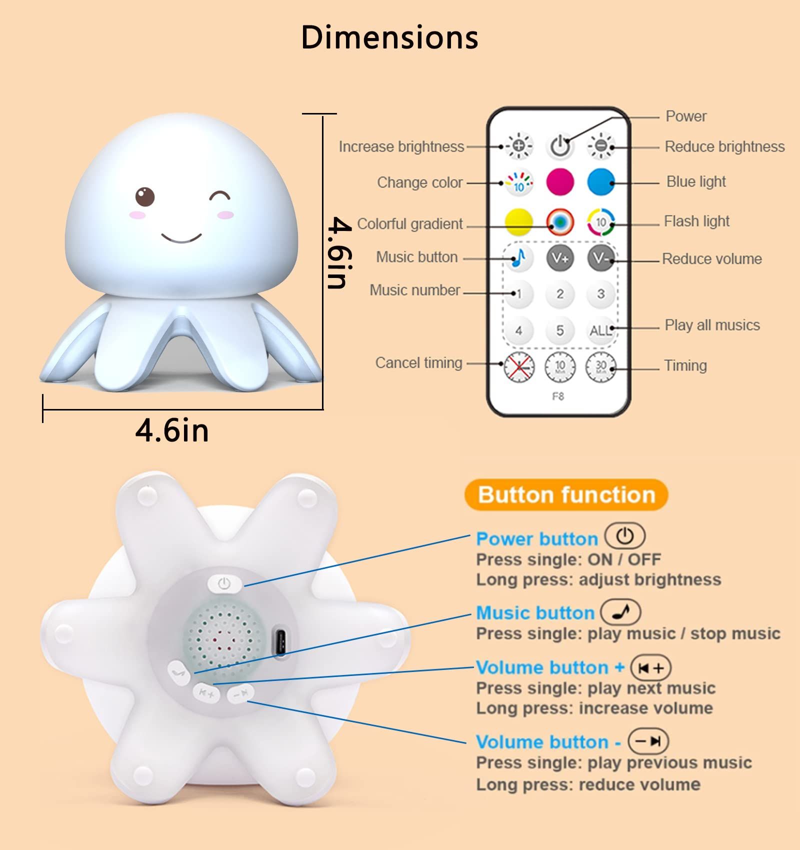 Night Light for Kids, Color Changing Jellyfish Silicone Lamp with Remote and 5 Sleeping White Noise, Rechargeable LED Night Light — image 5