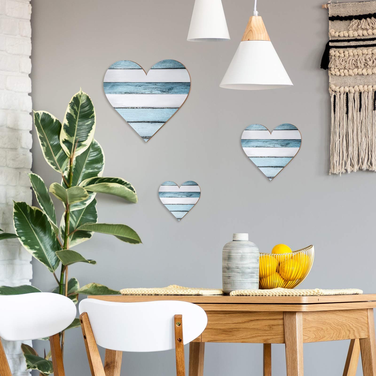 3 Pcs Heart Shaped Wood Sign Buffalo Plaid Decor for Kitchen Bedroom Bathroom Living Room 3 Sizes (Blue and White Wood Grain) — image 5