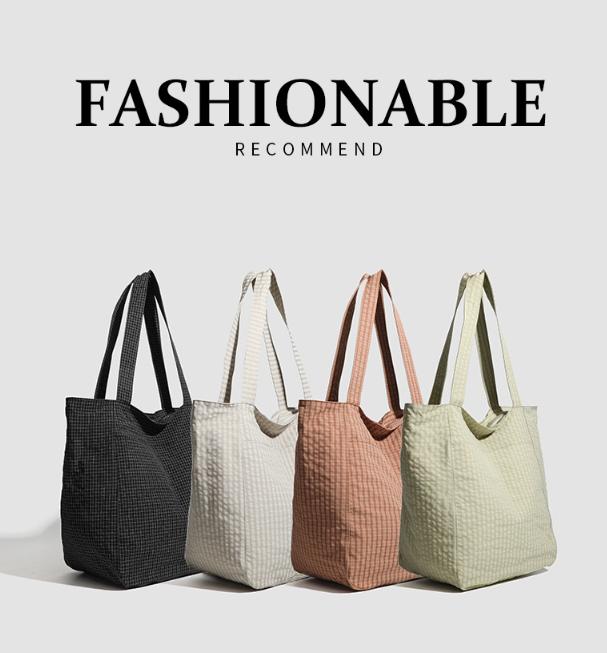 Beige Stylish Lightweight Seersucker Gingham Tote Bag - Spacious Multi-Pocket Shoulder Bag with Zipper — image 3