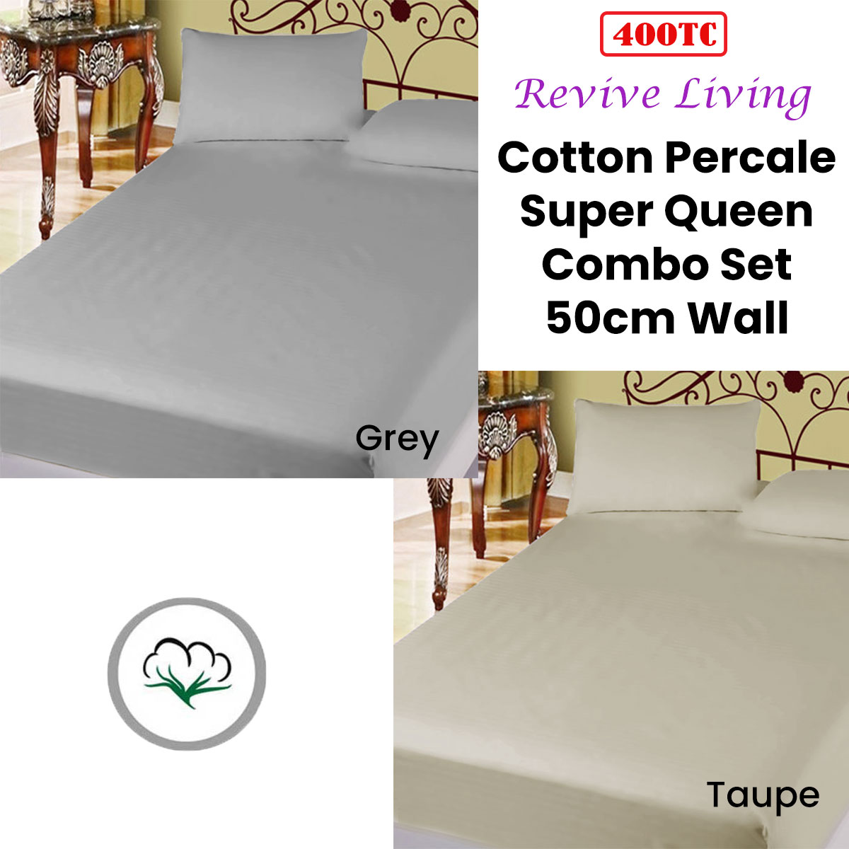 400TC Cotton Percale Super Queen Combo Set 50cm Wall Grey โ image 2