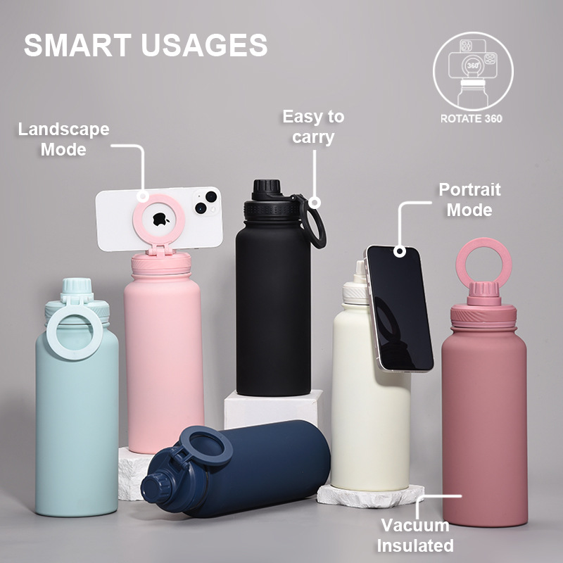 Matcha Green 1L Stainless Steel Water Bottle with Magnetic Phone Holder Lid - Portable Hydration & Hands-Free Stand โ image 2