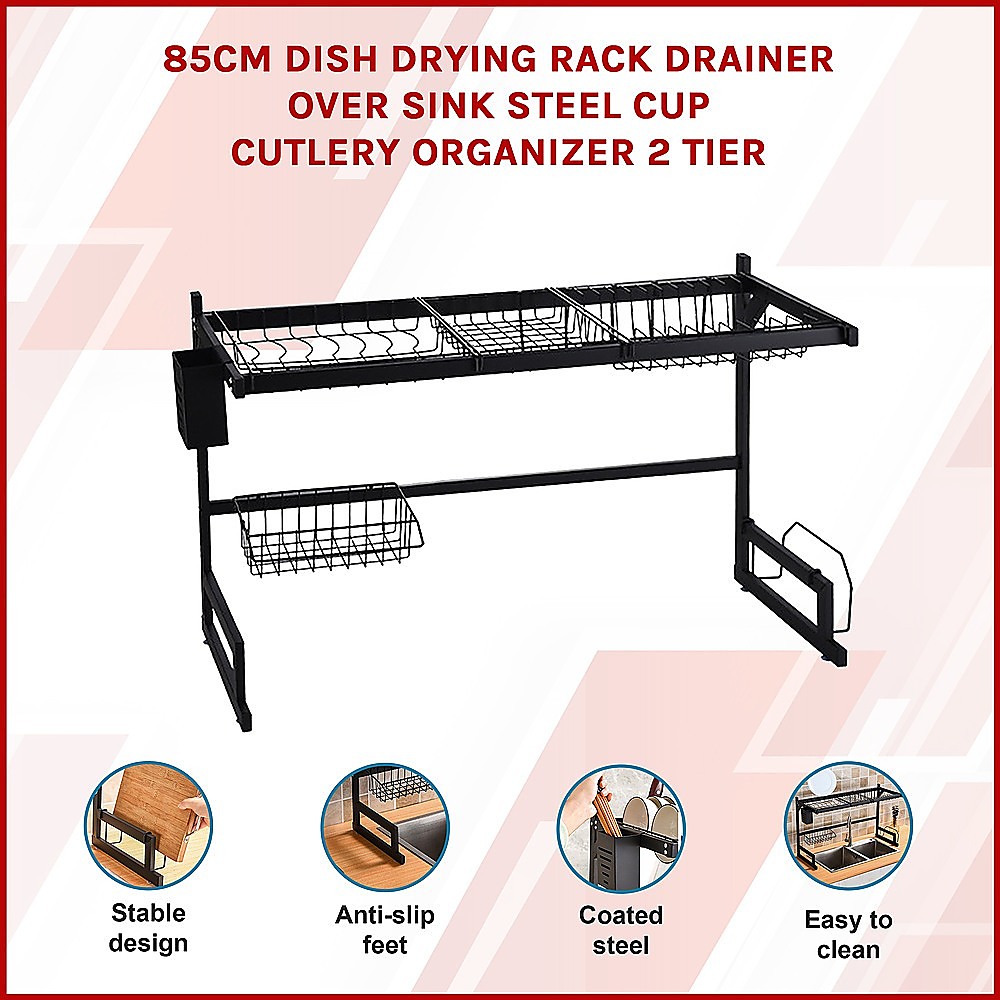 85cm Dish Drying Rack Drainer Over Sink Steel Cup Cutlery Organizer 2 Tier โ image 3
