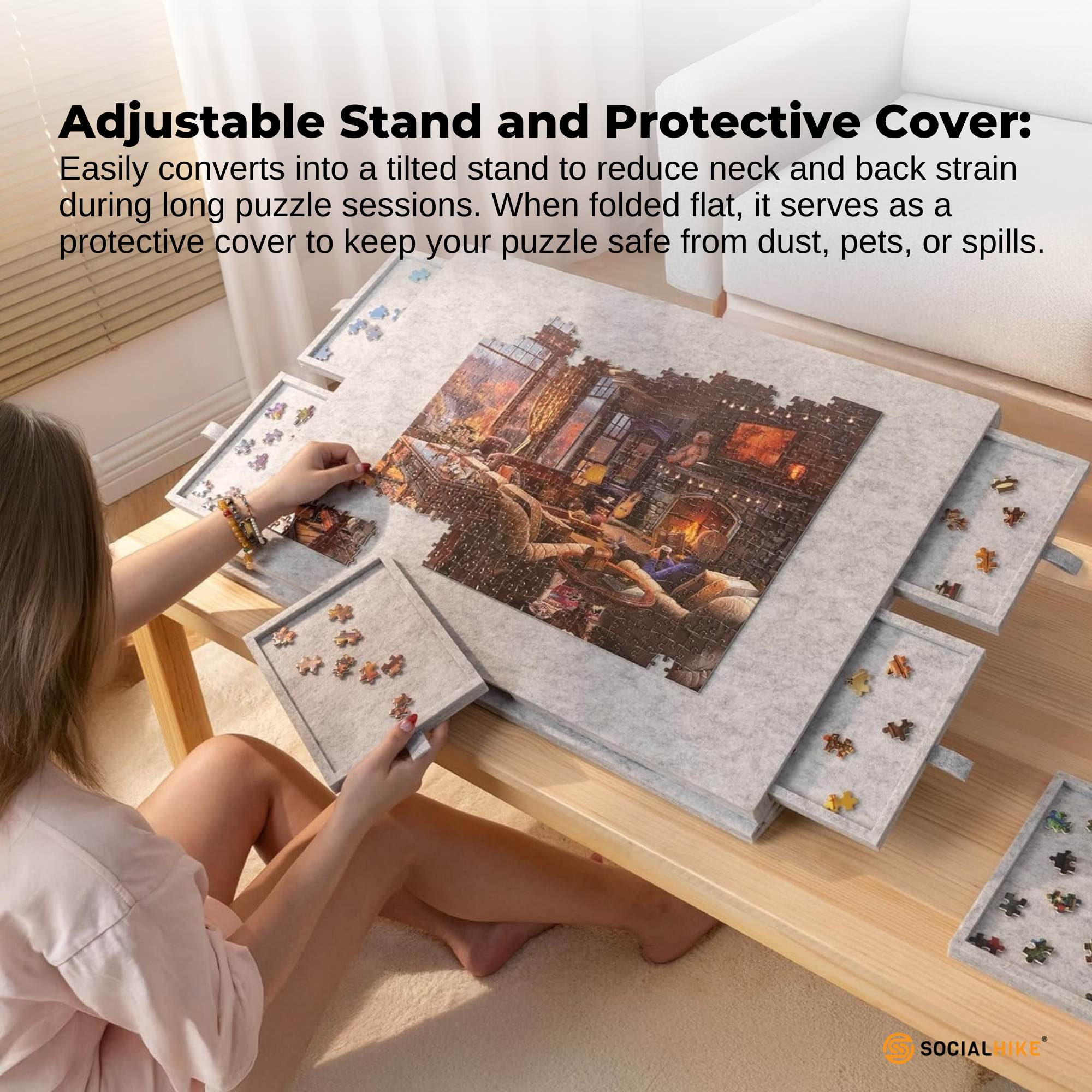 Social Hike Puzzle Board 1000 pcs - Felt Tilting Portable Cover + Drawers Silver โ image 6