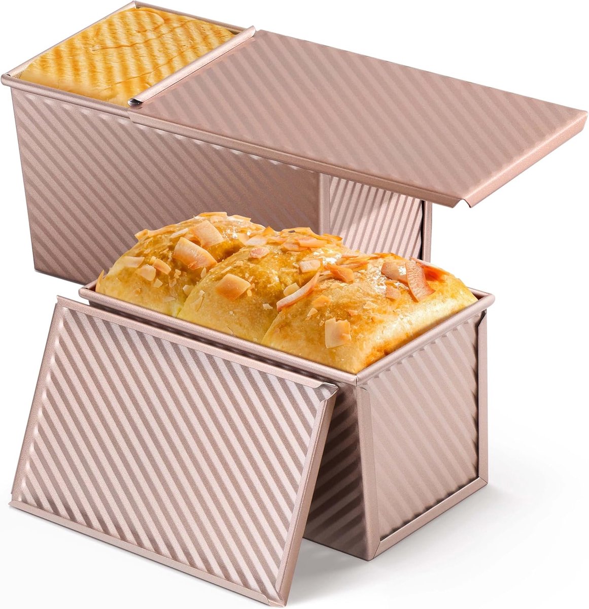2-pack Pullman loaf pan with lid - 1 pound bread baking pan - non-stick coating for homemade sourdough bread - toast box - sturdy corrugated baking pans with