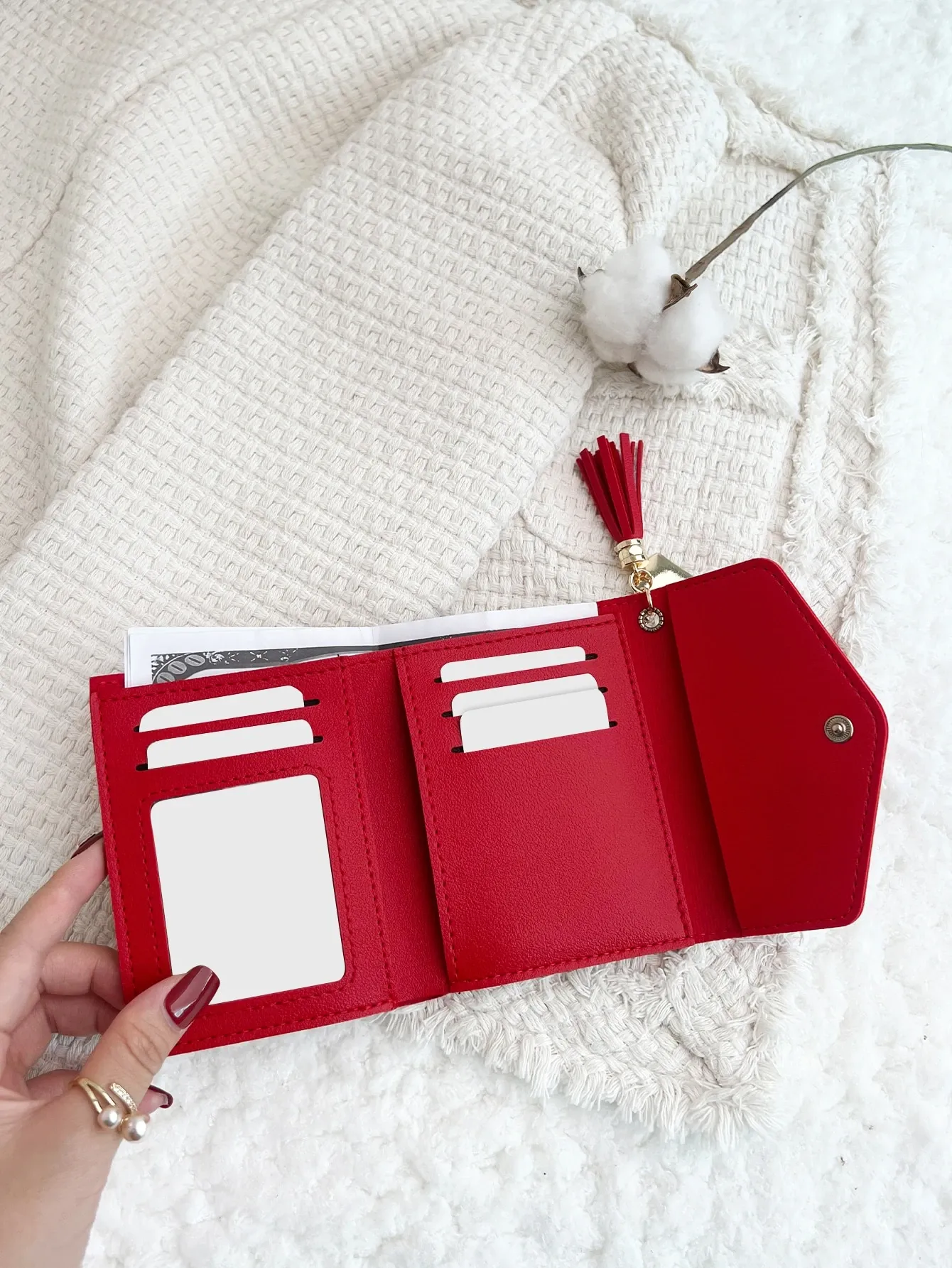 Tassel Decor Fold Over Credit Card Small ID Window Slim Women Wallet Mini Lightweight Slim Cash Hasp Card Holder Minimalist Fashion Valentine Day — image 4