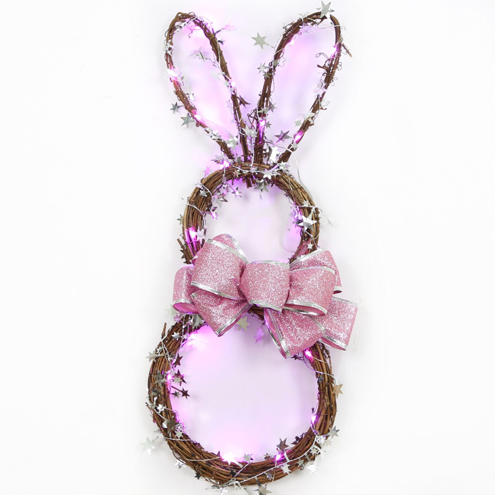 Easter Bunny Hanging Led Colored Lights Rattan Circle Easter Bunny Wreath Diy Decorative Door Hanging — image 3