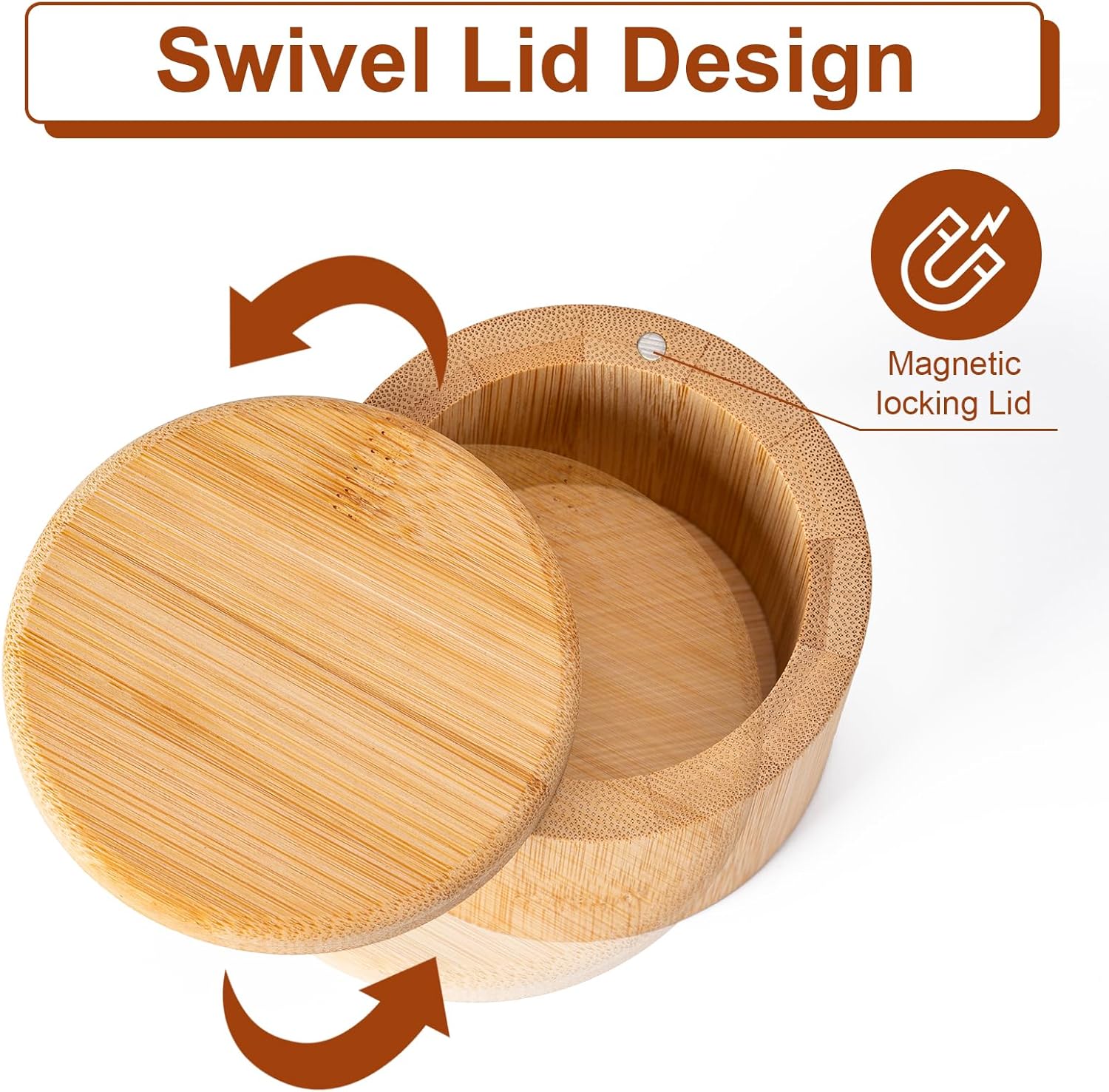 Bamboo Salt Cellar, Magnetic Swivel Lid Salt Box, Round Container for Storing Pepper Sugar Herbs, 6 Ounce Capacity — image 3