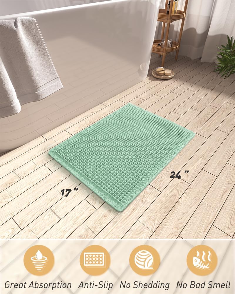 Upgraded Waffle Bath Mat, Super Absorbent Non Slip Mats for Bathroom Floor, Machine Washable Rugs with Tassels, Rubber Backed Mats, Ultra Soft, 17" x 24", Sage — image 2