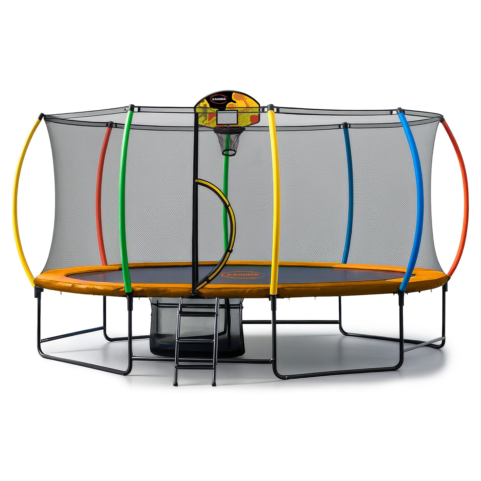 Kahuna 10 ft x 15 ft Oval Outdoor Trampoline L.E.D. Basketball Set Reversible Rainbow & Orange Safety Pad Safety Net Ladder โ image 3