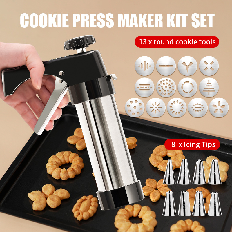 Silver and Black Stainless Steel Cookie Press Gun Kit - Biscuit Maker & Icing Decorating Set with 13 Discs & 8 Nozzles — image 2