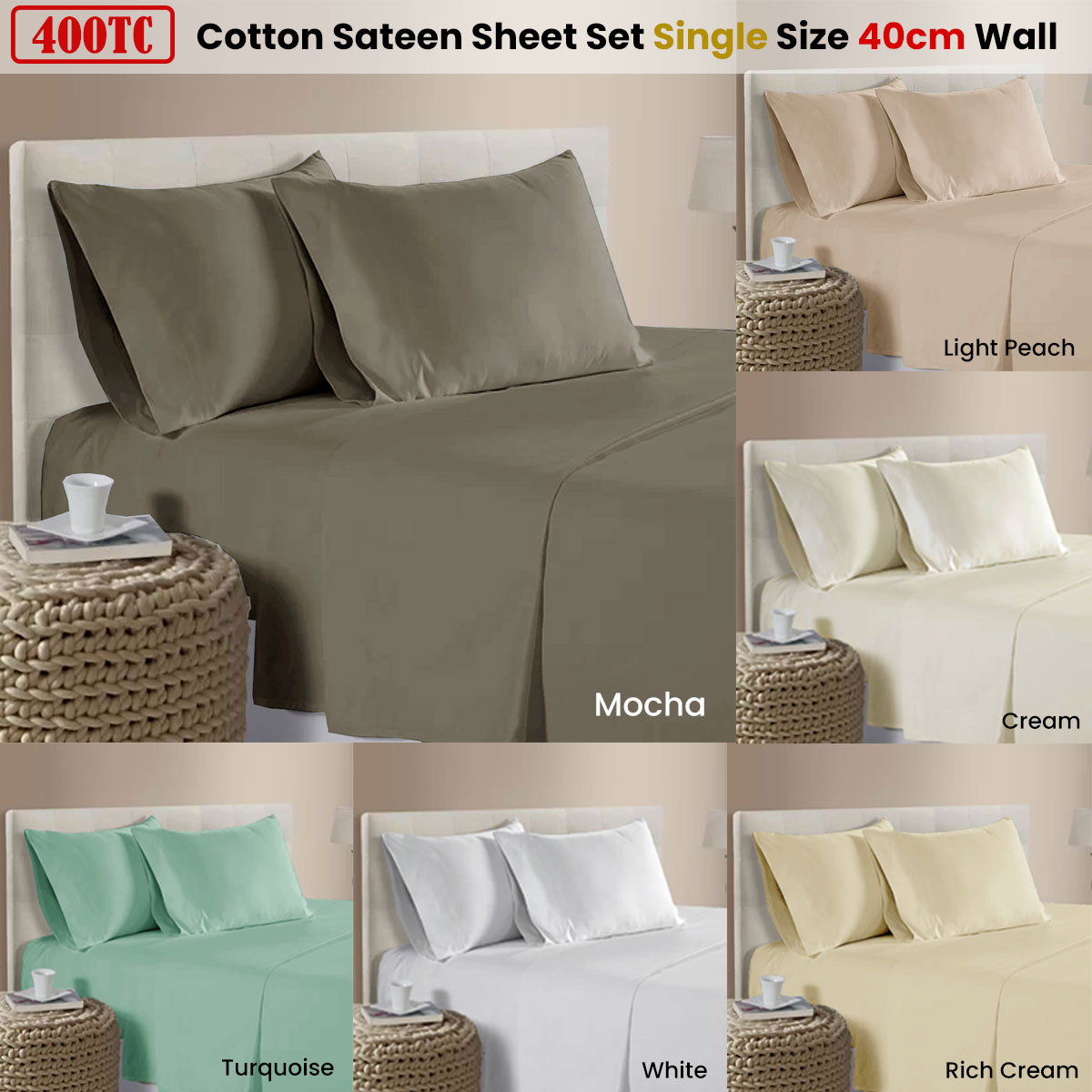 400TC 100% Cotton Sateen Premium Sheet Set 40cm Wall Mocha Single โ image 2