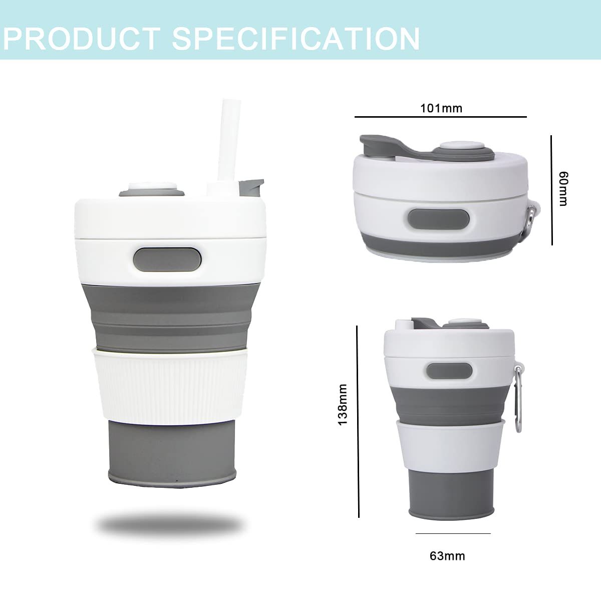 Collapsible Camping Cup with Straw Silicone Folding Coffee Cup Sport Bottle Portable Travel Outdoor Car 16oz (2pcs) — image 3