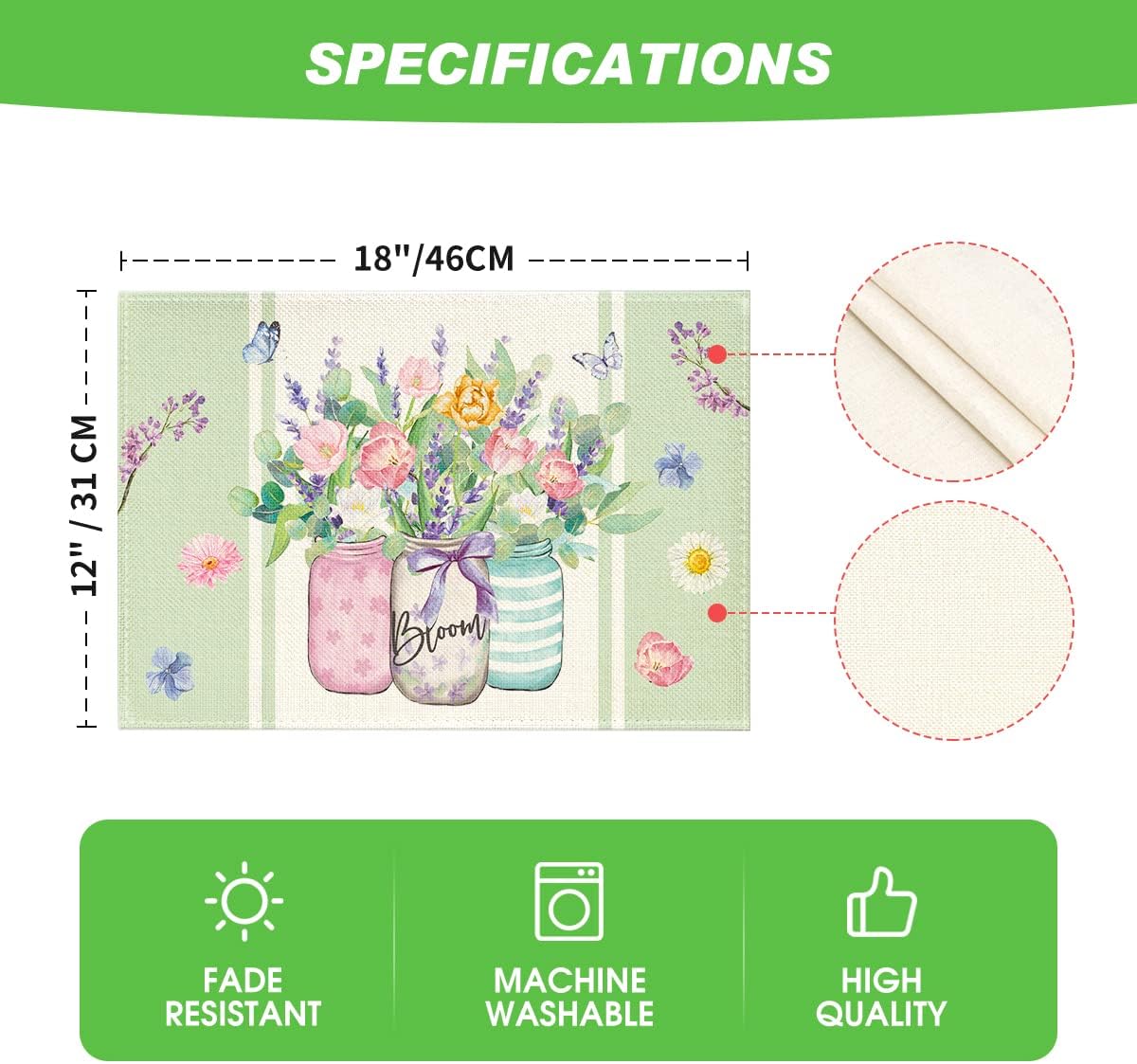 Bloom Vase Floral Spring Placemats Set of 4, 12x18 Inch Seasonal Table Mats for Party Kitchen Dining Decoration โ image 6