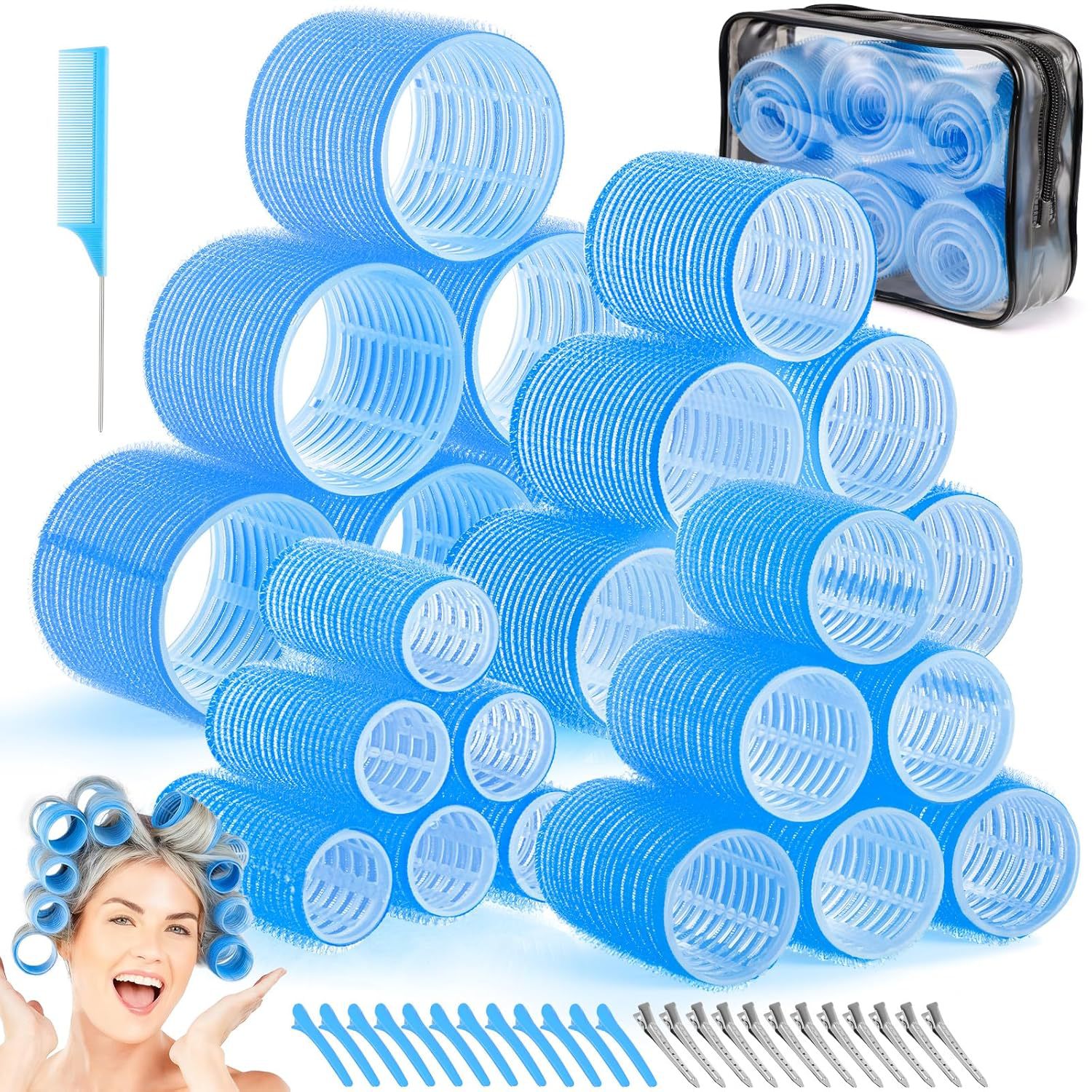 Blue 50-Piece Professional Hair Roller Set - Multi-Size Self-Grip Velcro Rollers with Clips and Tail Comb - Complete Heatless Styling Kit for Voluminous Curls