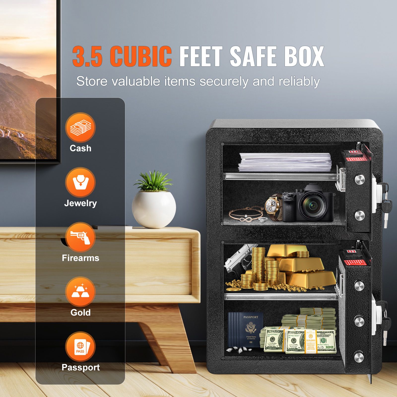 Double Door 3.5 cu.ft Safe Box with Key Lock Password Fireproof Bag Black โ image 2