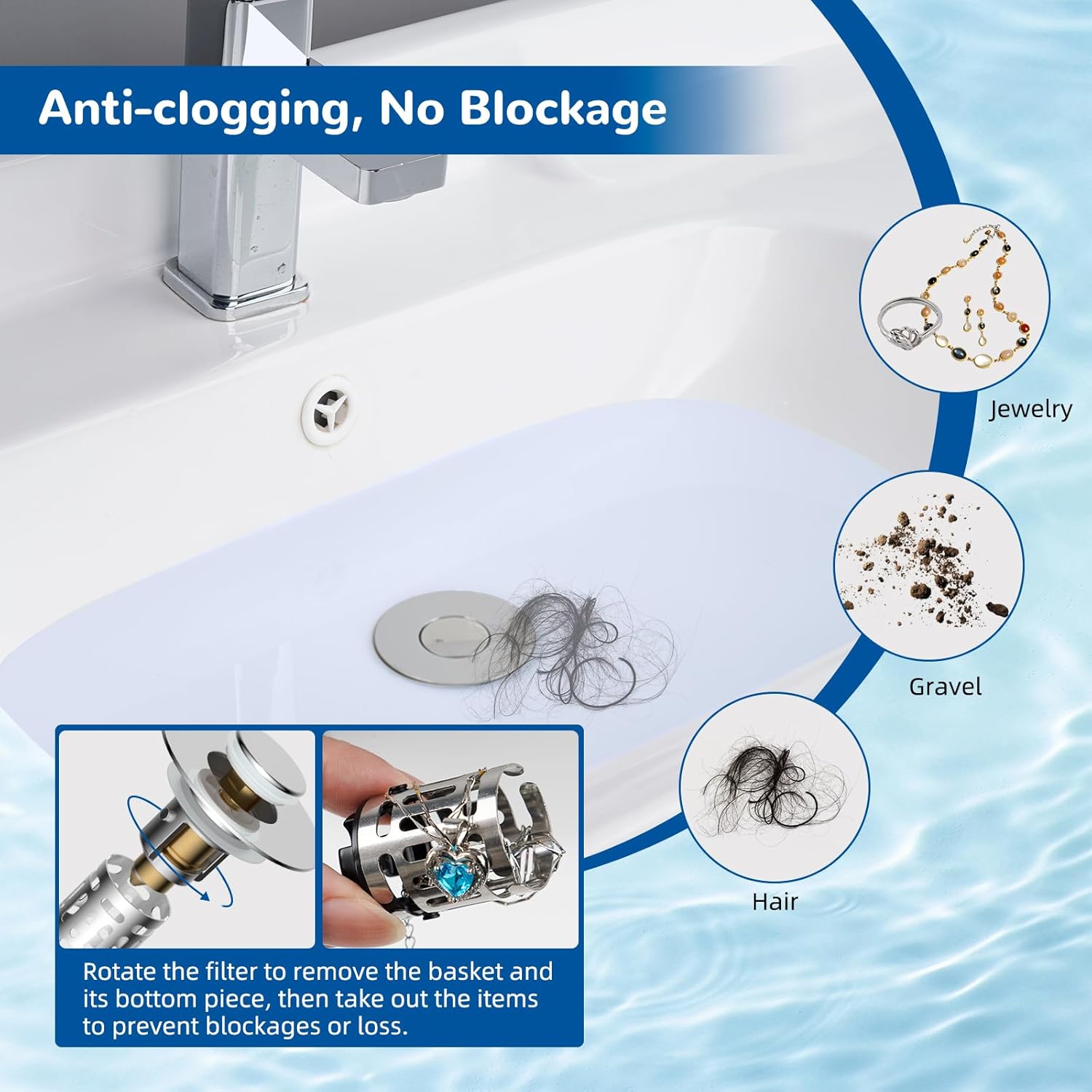 Upgraded 3 in 1 Bathroom Sink Drain Strainer, Universal Pop Up Stopper with Removable Stainless Steel Filter Basket Hair Catcher, Sink Plug for 1.1''~2.36'' โ image 2