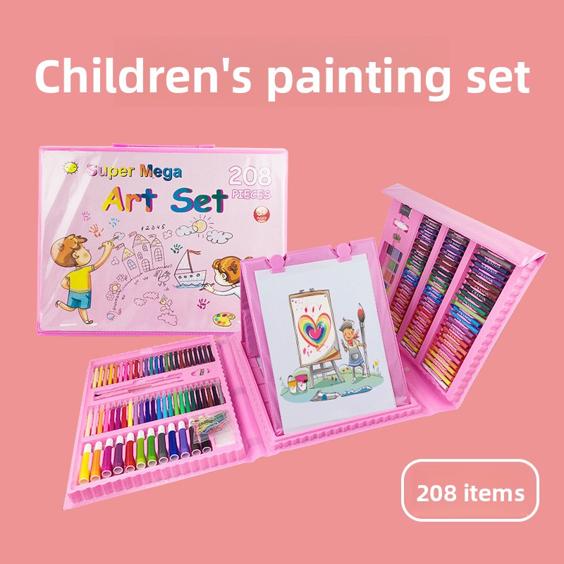 Pink 208-Piece Kids Art Set with Built-in Trifold Easel Drawing and Painting Kit for Students with Watercolor Pens Crayons and Pencils for Aussie — image 2