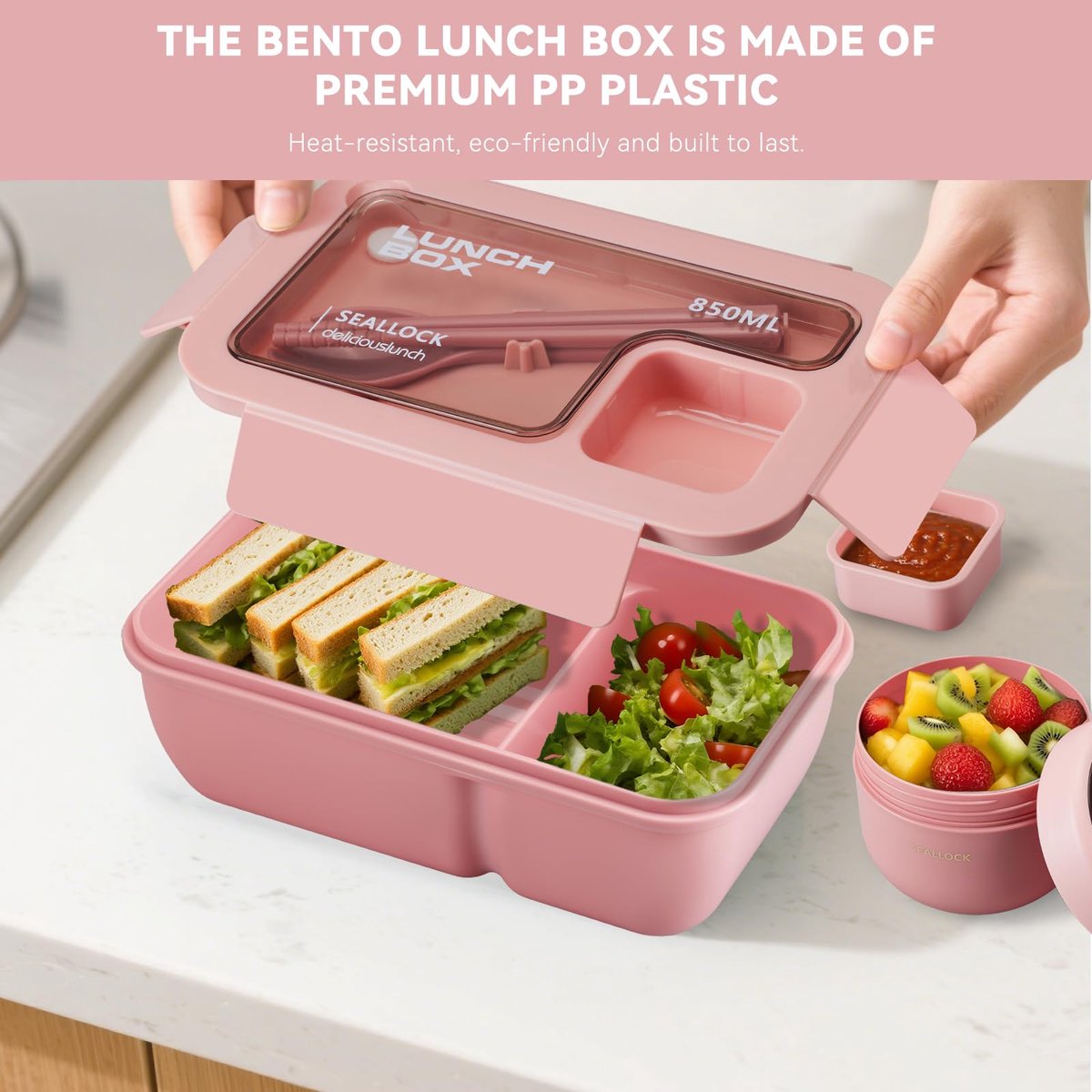 Bento Box - Bento Set with Cutlery - Lunch Bag - Lunch Box - Leakproof Food Container with Compartments - Lunch Box for Kids, School, Office, Picnic - Pink — image 3