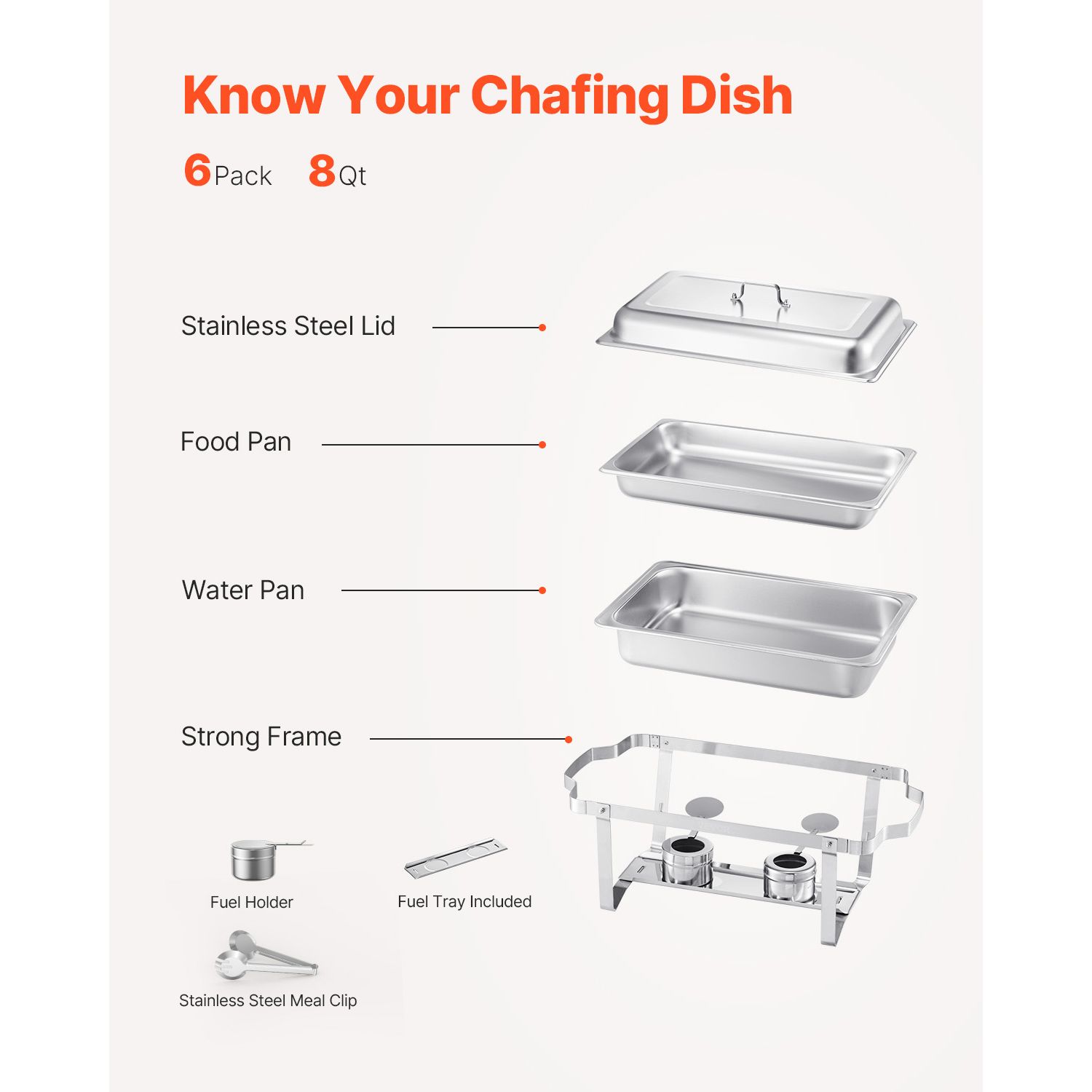 8 Qt 6 Pack Rectangle Chafing Dish Buffet Set Fullsize Pan Stainless Steel — image 5