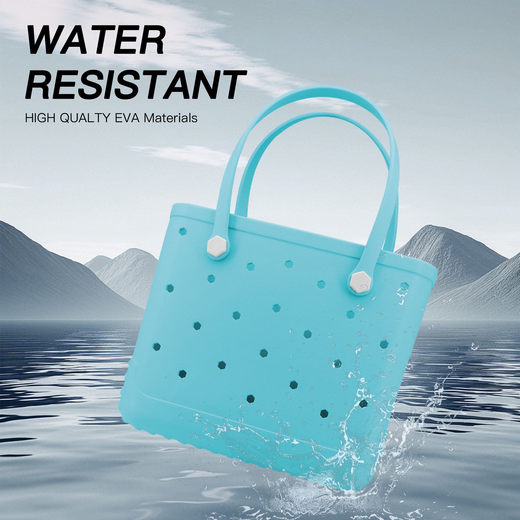 Waterproof Hexagon Mesh Beach Bag - Large Capacity Travel Storage Tote for Swimwear Towel Sunglasses - Light Blue Medium 37x32x13cm โ image 3