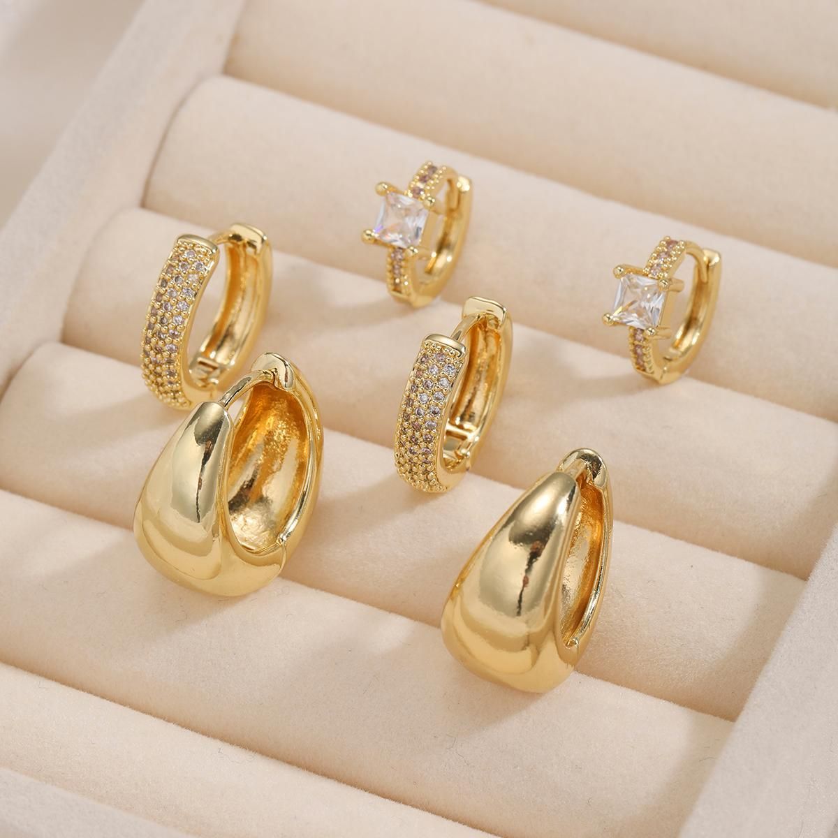 Cubic Zirconia Twisted Hoop Earring Set - 3-Piece Elegant CZ Inlay Copper Ear Buckles - Creative Sparkling Jewellery for Women, Daily Wear, Office Style or โ image 2