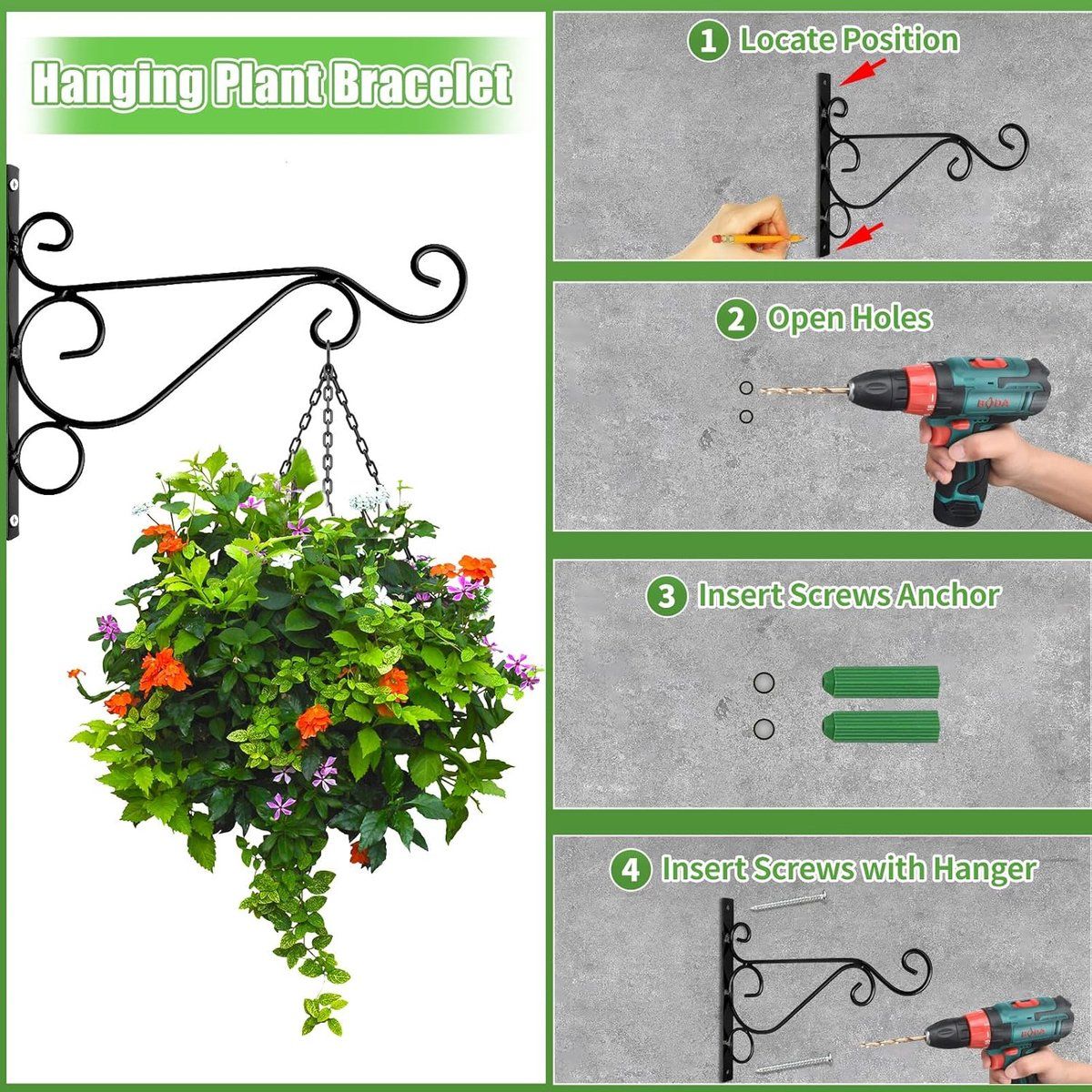 2 Pieces Wall Hook Plant Hook, black plant wall mount, metal brackets for indoor and outdoor use, lanterns and wind chimes Black β image 2
