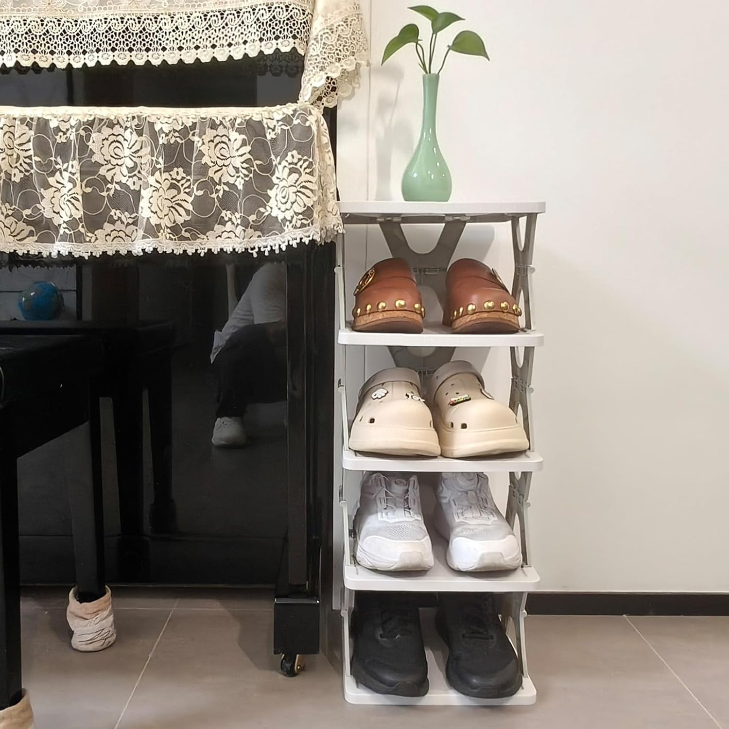 5 Tier Foldable Vertical Shoe Rack, X-Design Tall Shoes Organiser for Narrow Space, Corner Shelf for Single Dormitory Or Small Room