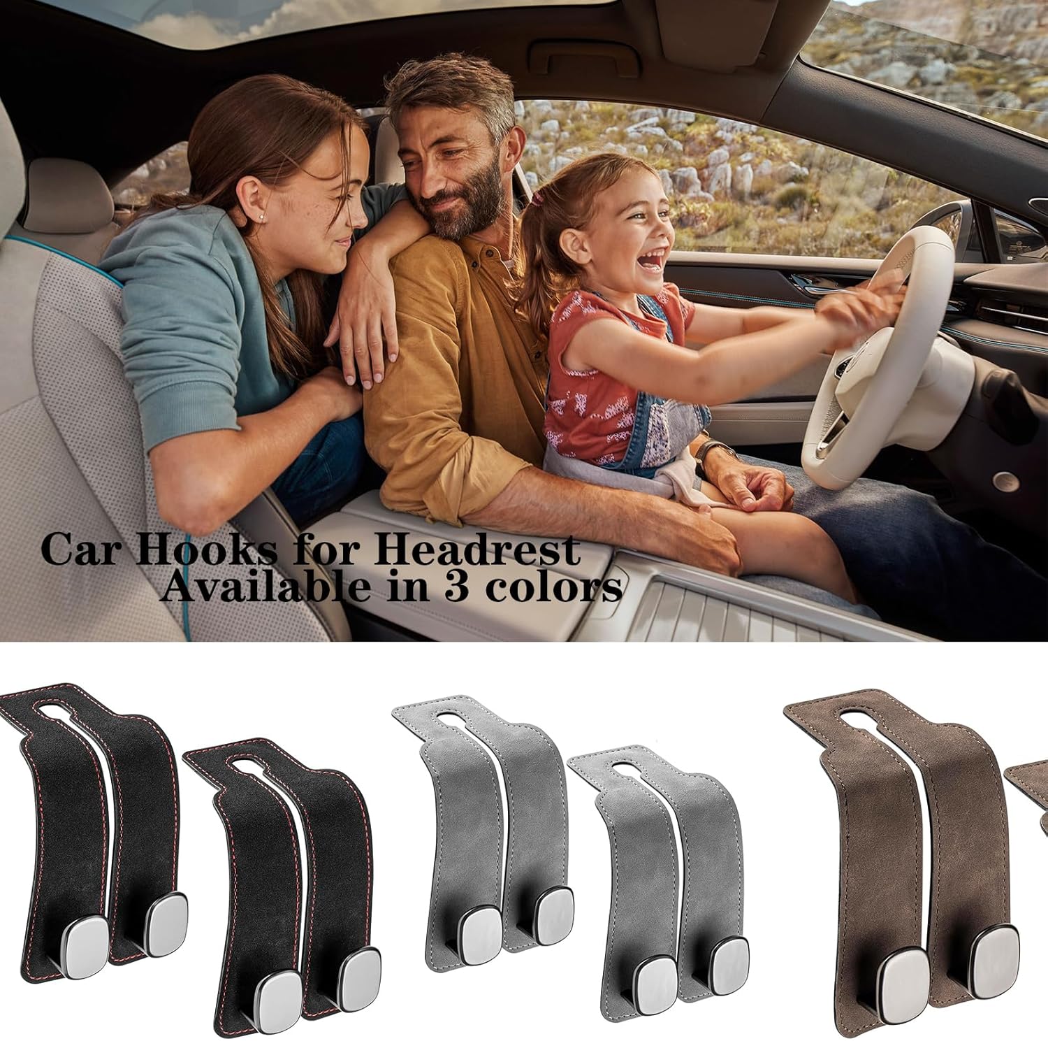 2 Pack Car Hooks for Headrest, Headrest Hooks Car Purse Hook Car Seat Back Storage Hook Premium Leather Car Seat Holder for Headrest Purses and Bags (Black) — image 2