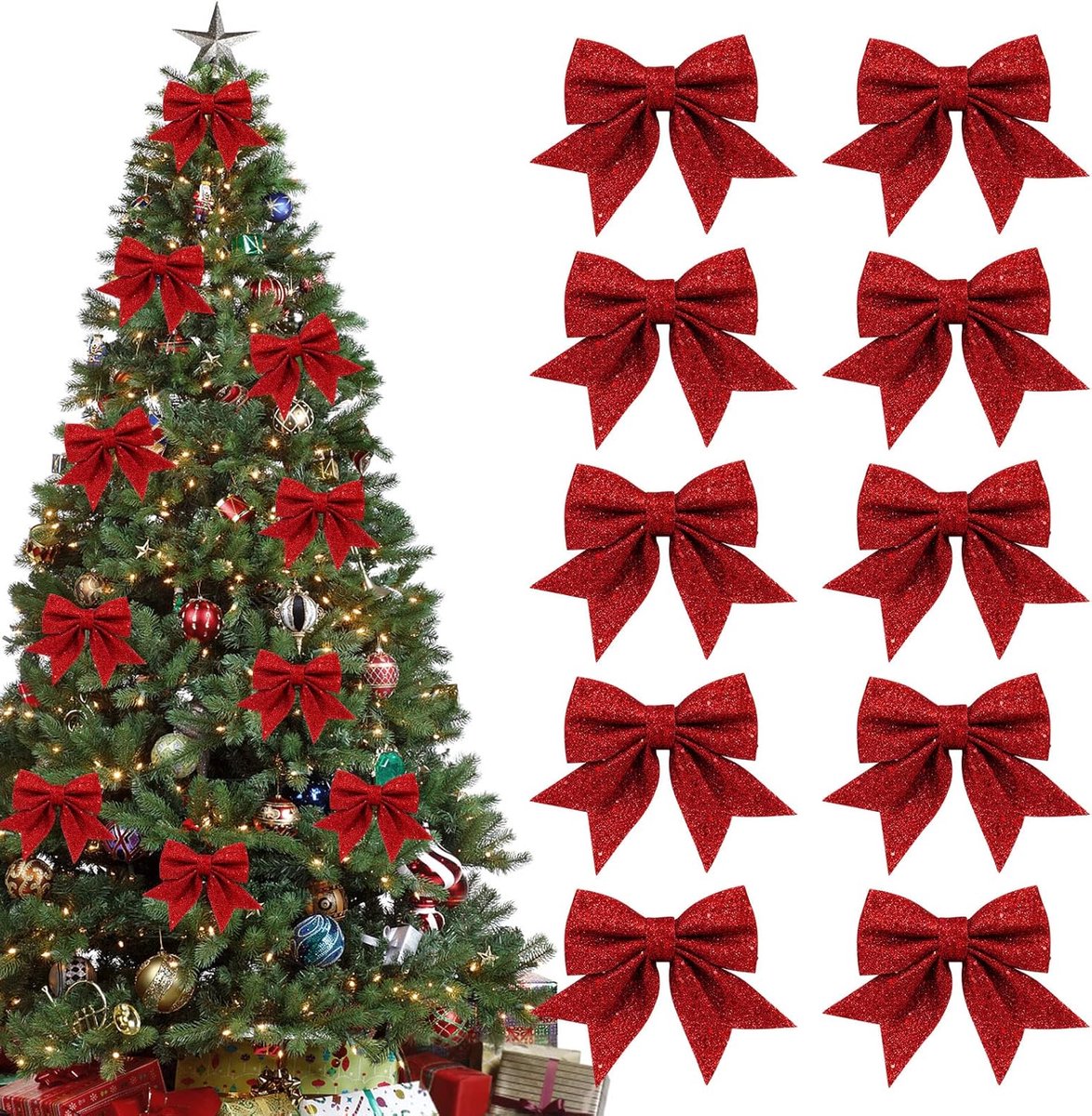 10 Pieces Red Christmas Bows - 12 x 15 cm - Glitter - Christmas Decoration Bows - Christmas Ornaments - Christmas Tree Decoration - Christmas Bows - Christmas