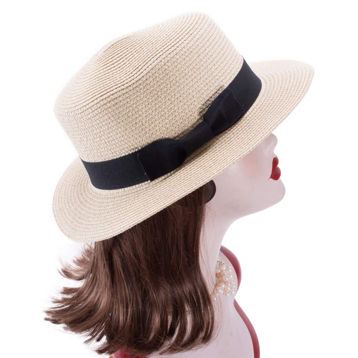 Straw Boater Hat Foldable Packable Beach Hat for Summer Tea Party Sun Hats for Women Bowknot Wide Brim Cap — image 5