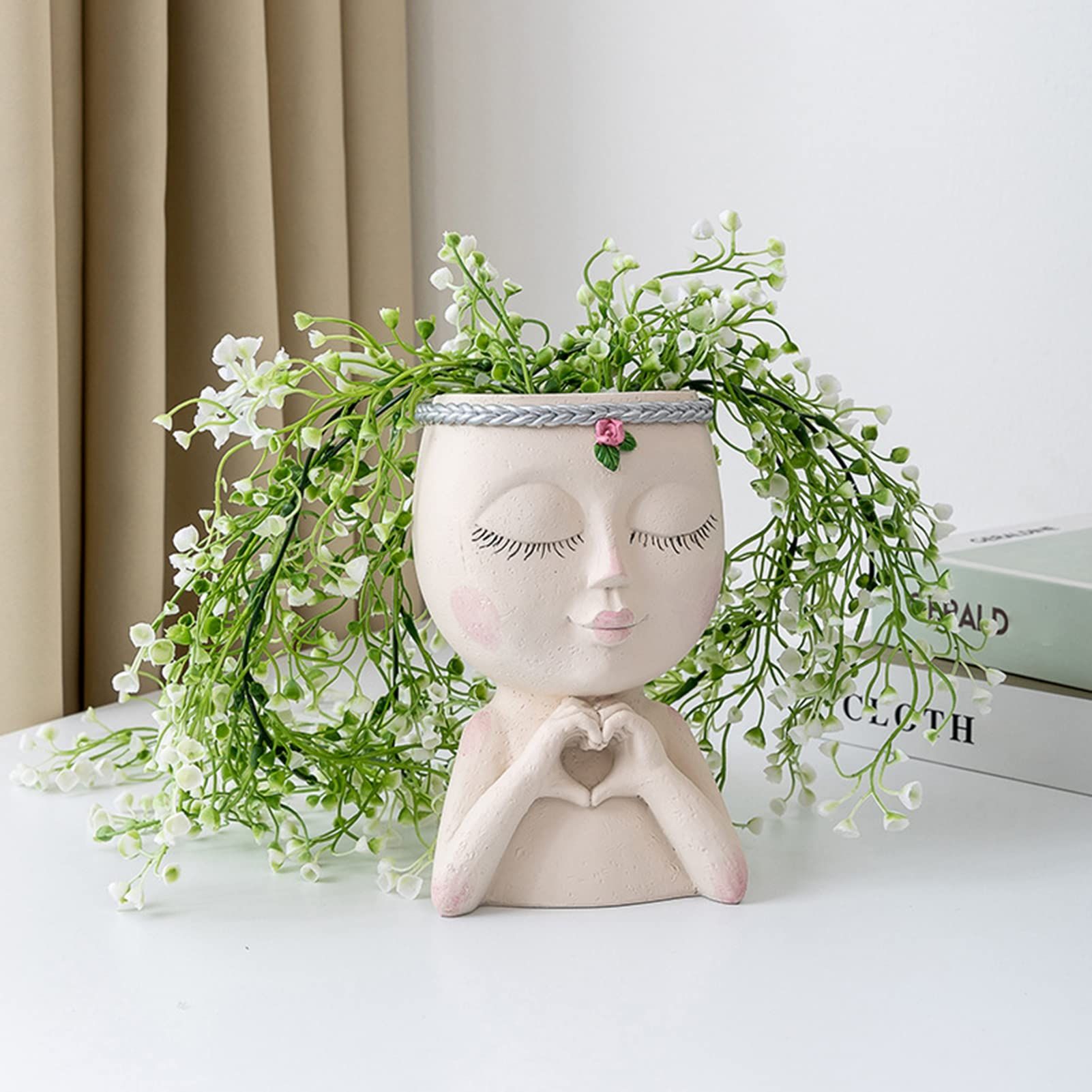 Face Planter Pot Face Flower Pots, Succulent Planter Little Girl Closed Eyes with Drainage Hole Face Nordic Sculpture White — image 2