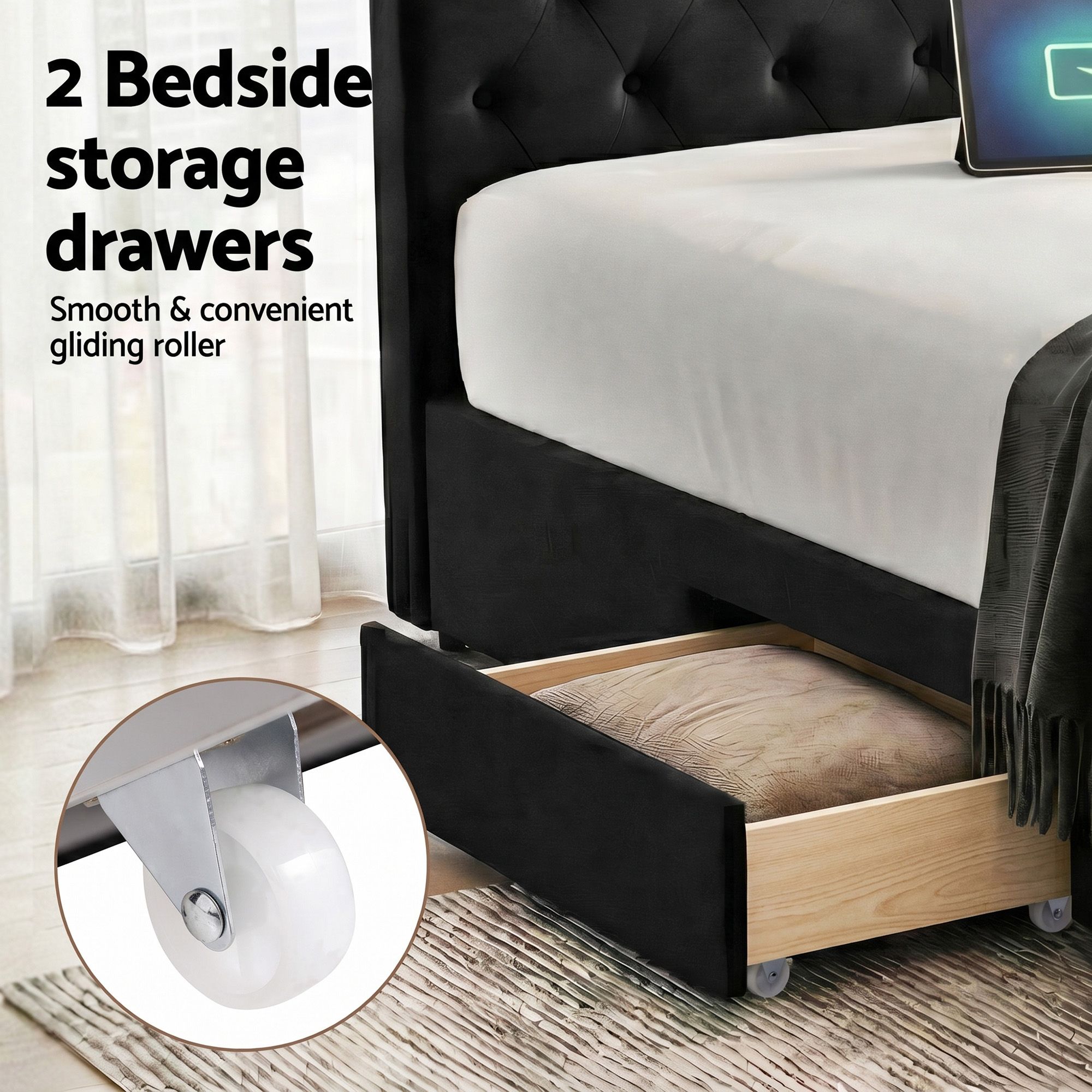 Artiss King Bed Frame Storage Charging Station Upholstered 3 Drawers USB Type-C โ image 5