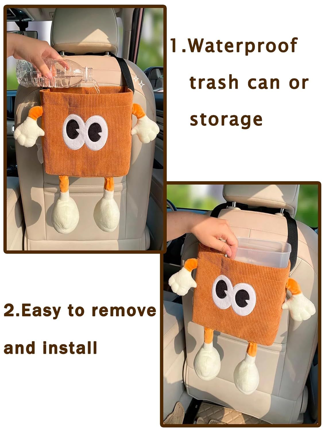 Car Cute 2 in 1 Trash Can with Tissue Holder Box Seat Back Bag Hanging over the Seat Organizer Plush Cartoon Animal Storage Garbage,Brown — image 6
