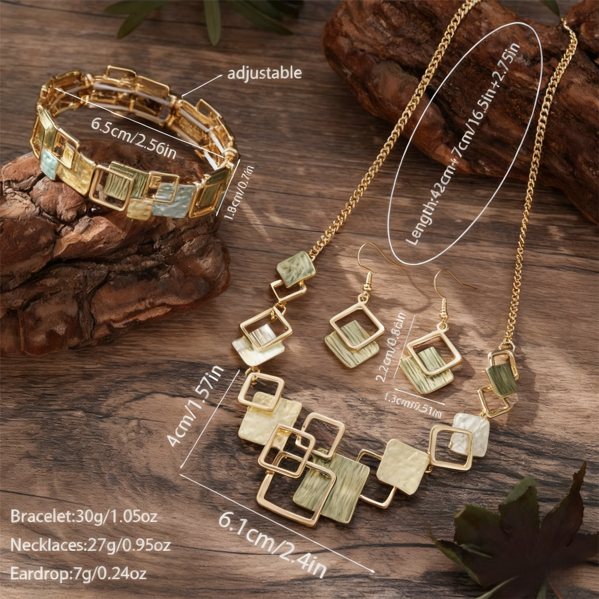 Geometric Inlay Earrings Necklace Bracelet Jewelry Set × 2 – Brown & Pink — image 3