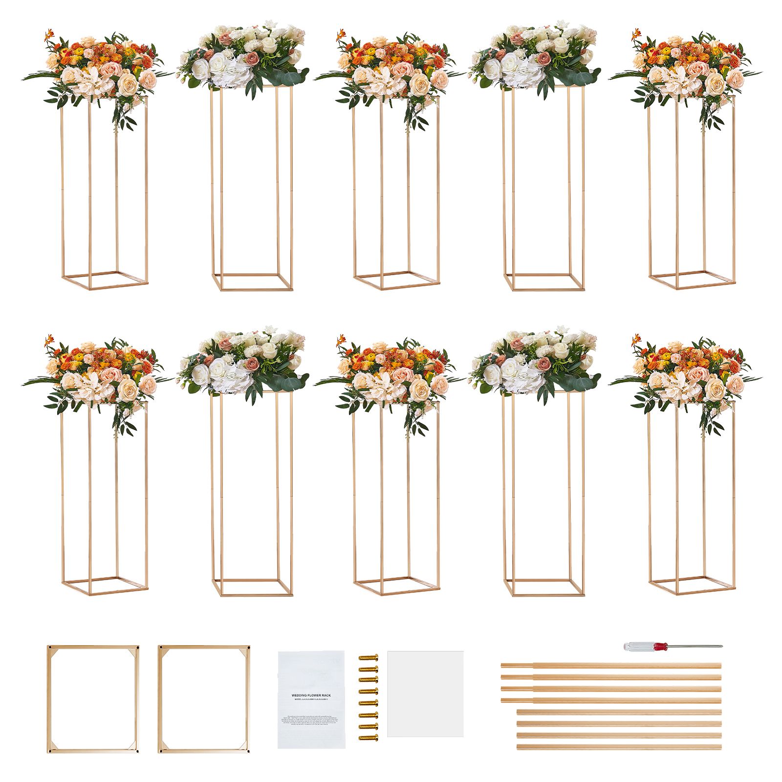 10PCS 31.5inch/80cm High Wedding Flower Stand, With Acrylic Laminate,Metal Vase Column Geometric Centerpiece Stands, Gold Rectangular Floral Display Rack for