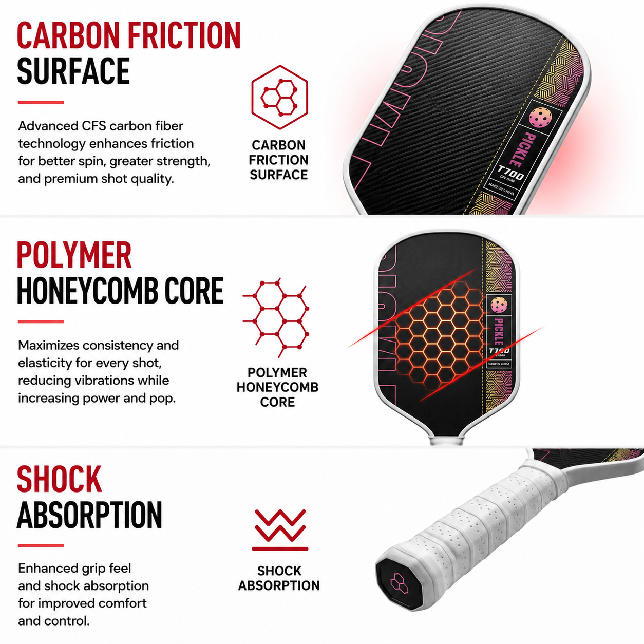 Black and Red T700 Raw Carbon Fiber Pickleball Paddle - Professional Honeycomb Core Paddles with Expanded Sweet Spot & Cushion Grip for Outdoor Use — image 3