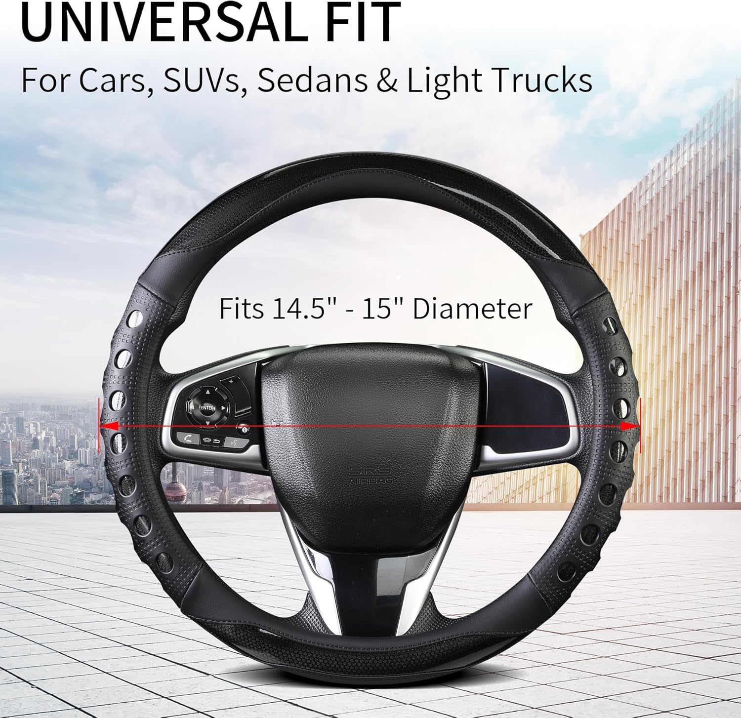 PU Leather Car Steering Wheel Cover with Non-Slip Grip, Suitable for Both Men and Women, Universal Fits 14.5-15 Inch Cars, Trucks, SUVs (Black (Round), Medium — image 3