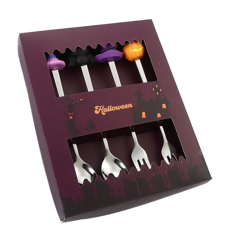 🎃 Halloween Cartoon Coffee Spoon Gift Box! Stainless Steel Pumpkin Ghost Stirring Spoon Dessert Fork, One-Piece Construction Easy to Clean