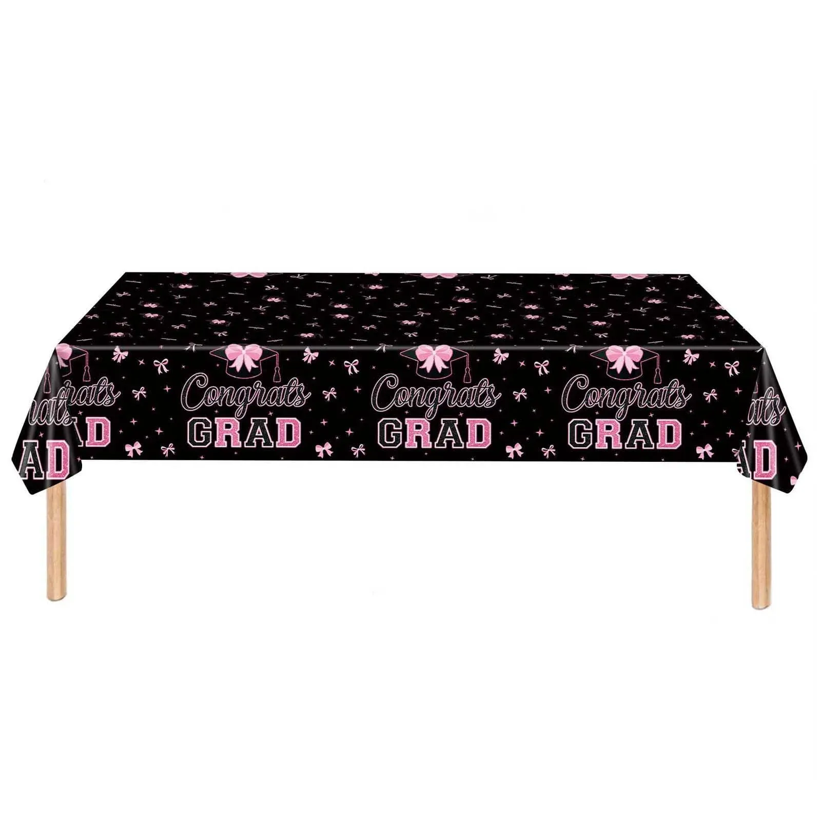 1 Pc Graduation 2026 Party Decoration Set, Pink Bow Decor Black Disposable Cups and Plastic Tablecloth, 54 x 108 in