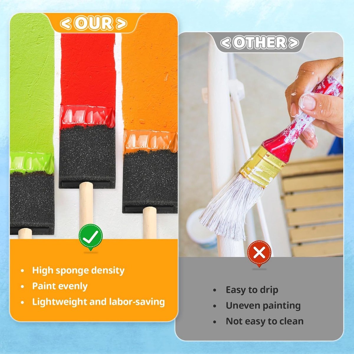 Foam paint brushes - 8 pieces, 4 cm wide - Sponge brushes for smooth painting - For staining and craft projects — image 2