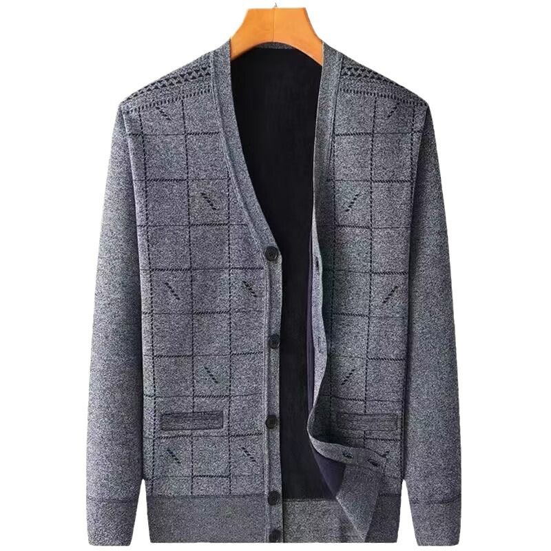 Men V Neck Fleece Cardigan Sweater Loose Fit Rhombus fleece-lined cardigan Blue Gray XL โ image 2