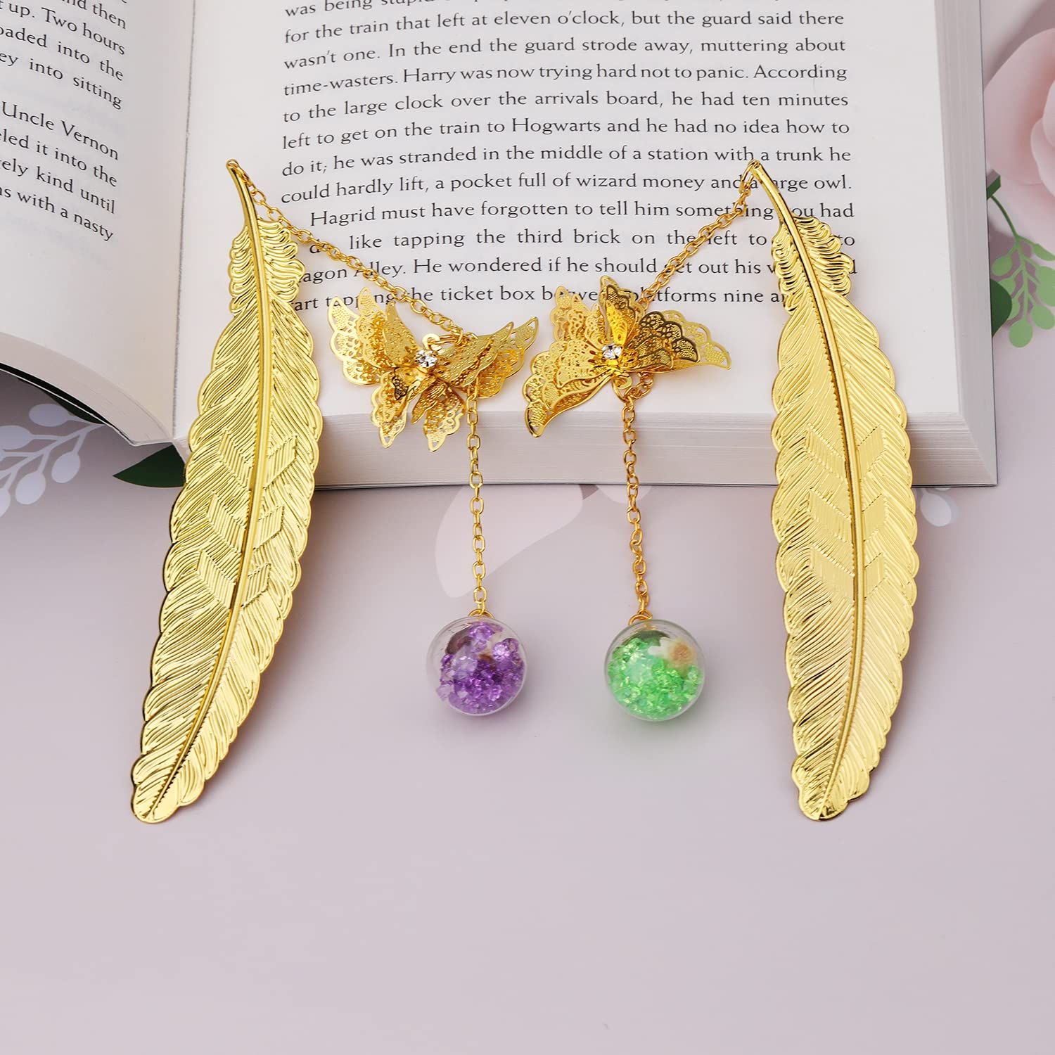 Metal Feather Bookmark with 3D Butterfly Pendant Christmas Thanksgiving Unique Gift for Book Lover Teacher 2 Pack — image 3