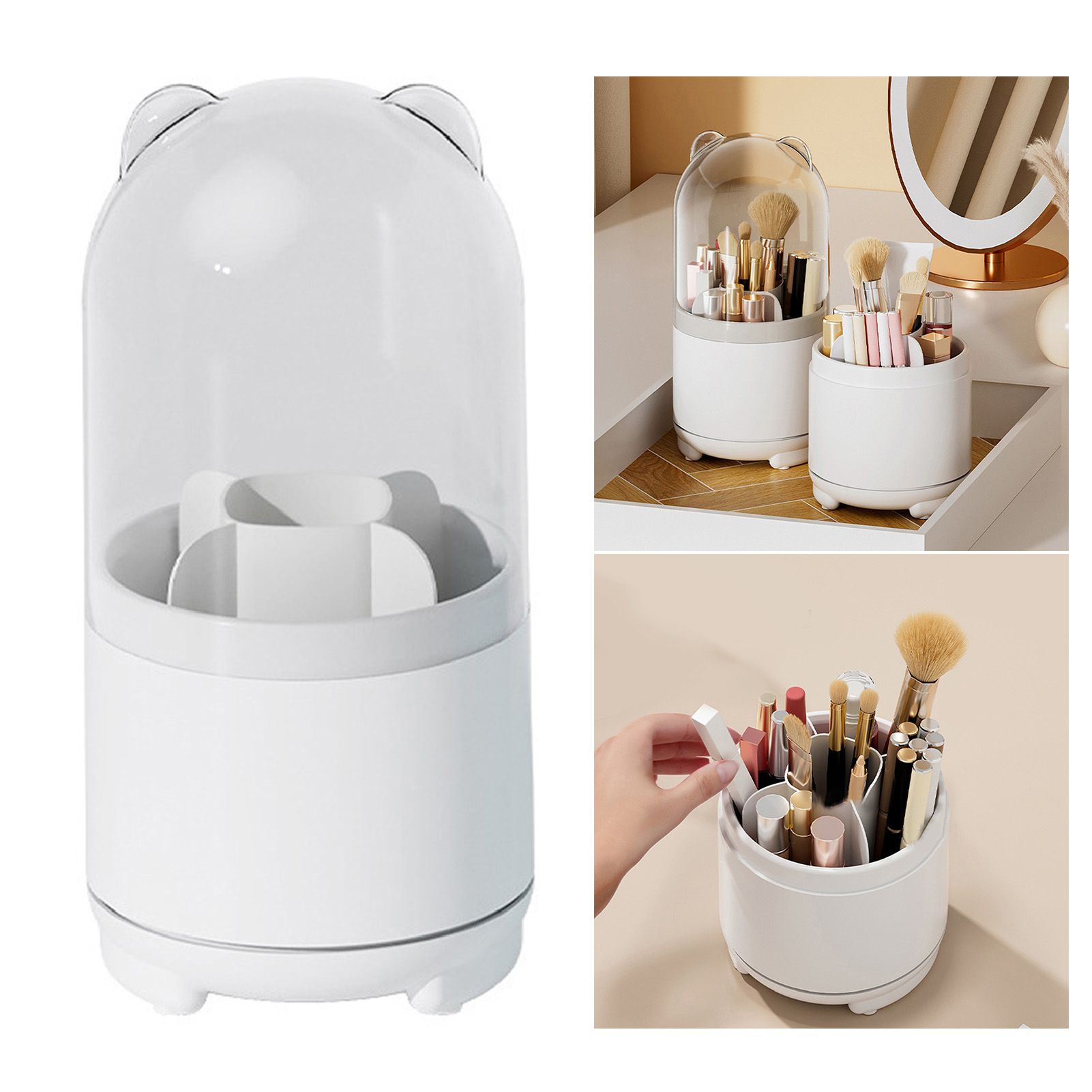 Makeup Brush Storage Container 360 Degree Rotating Dust Prevention Transparent Lid Large Capacity Makeup Brush Holder White — image 3