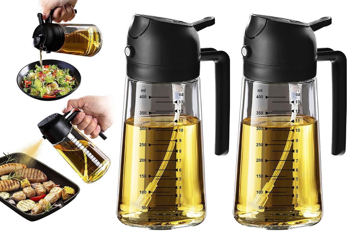 2-in-1 Olive Oil Sprayer - 470 ML - Glass - Olive Oil Bottle with Pour and Spray Function - Oil Atomizer - Oil Pump Cooking & Baking Spray - Refillable Oil