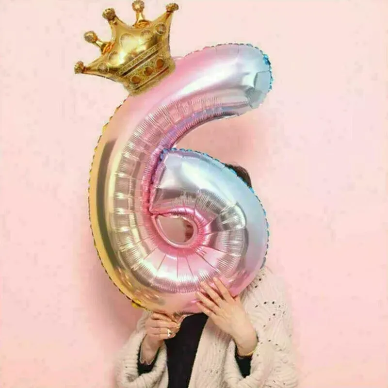 32 Inch Crown Number Foil Balloons Rainbow Iridescent Party Decoration - Crown 0 โ image 5