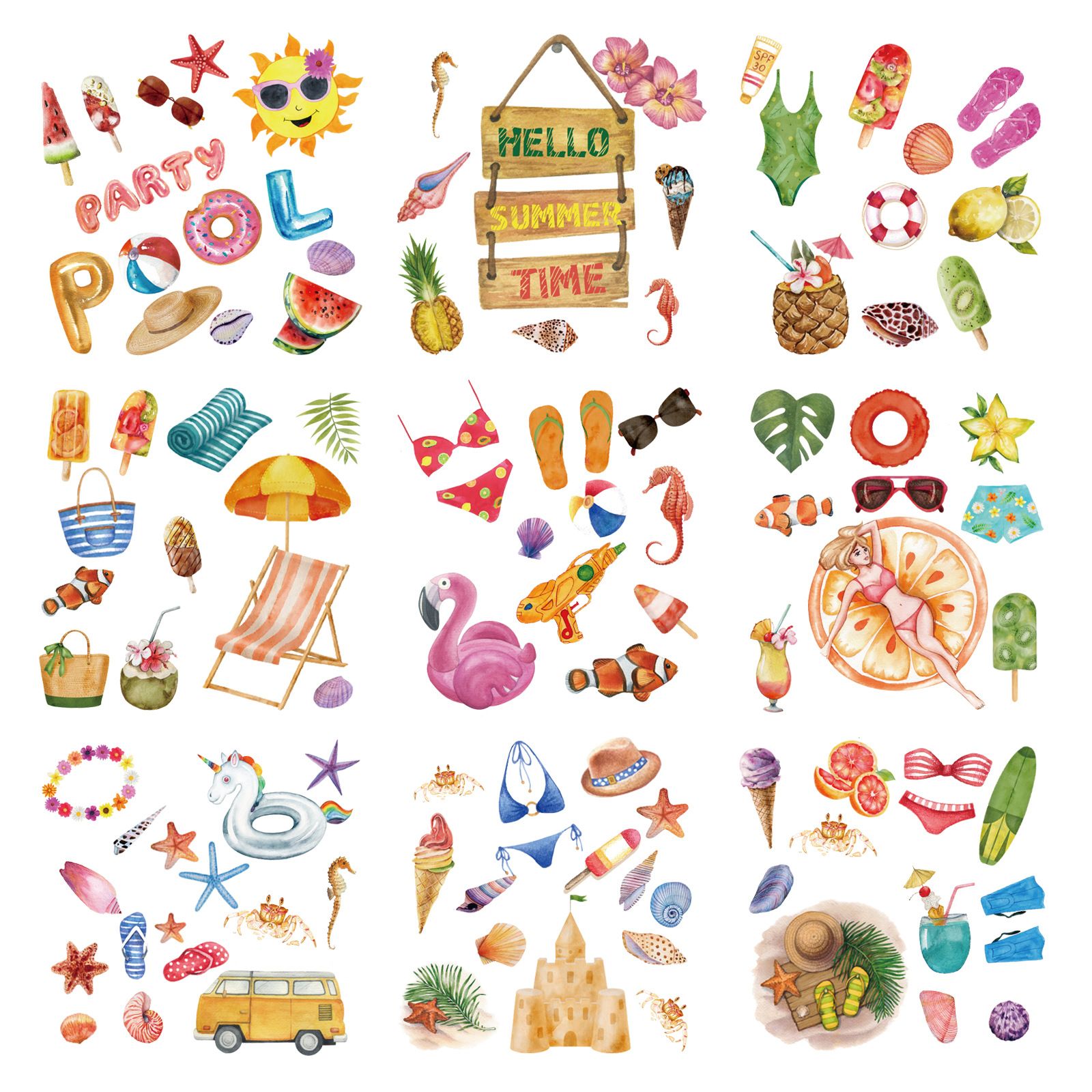 126 Pieces Summer Window Clings Stickers Hawaiian Window Decal with Sun Beach Drinks for Wall Glass Refrigerator Car ,8 Sheets — image 3