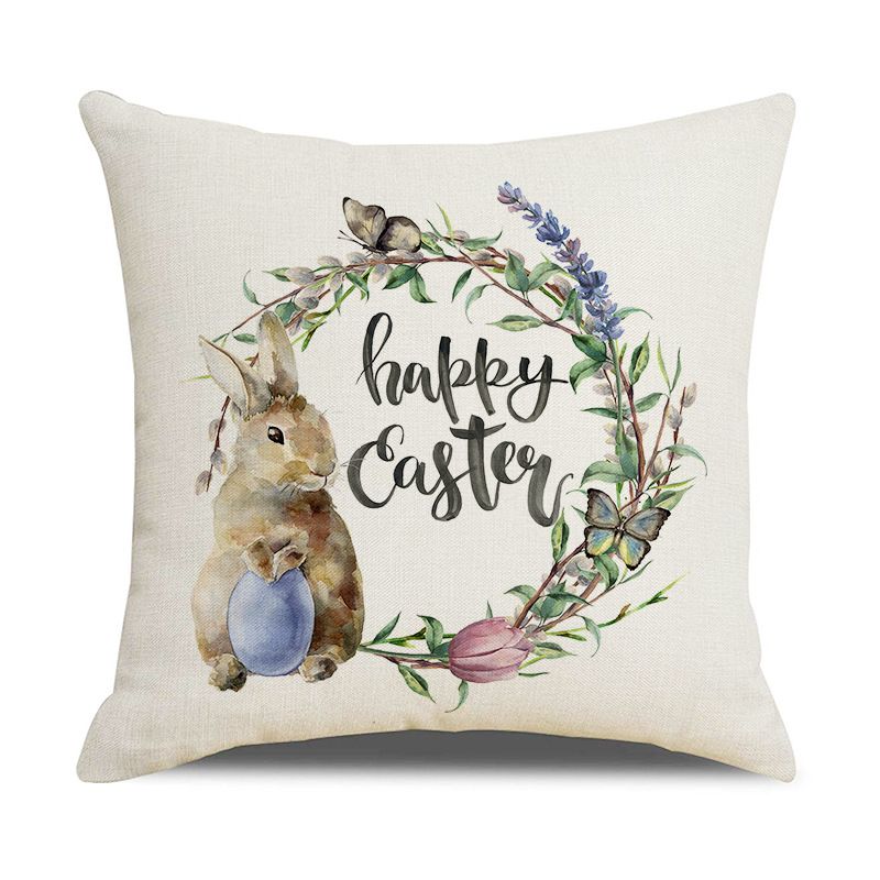 Easter Pillow Cover Set of 4 18 × 18 Inch Easter Bunny Rabbit and Eggs Cotton Linen Decorative Throw Pillow Case Spring Outdoor — image 4