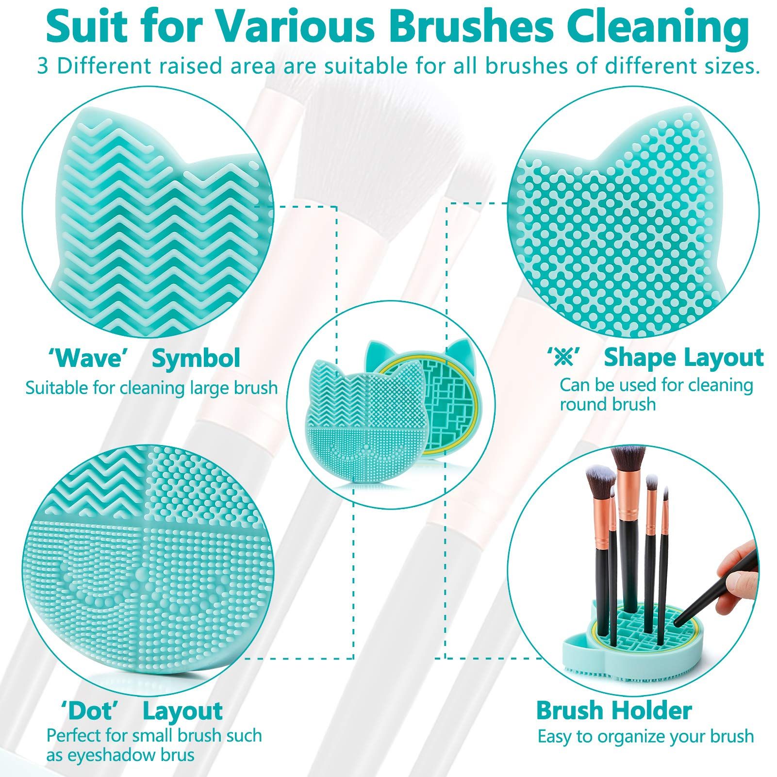 TailaiMei 2 in 1 Makeup Brush Cleaning Mat with Brush Drying Holder, Silicon Cat Shaped Brush Cleaner Pad include(Green) โ image 4