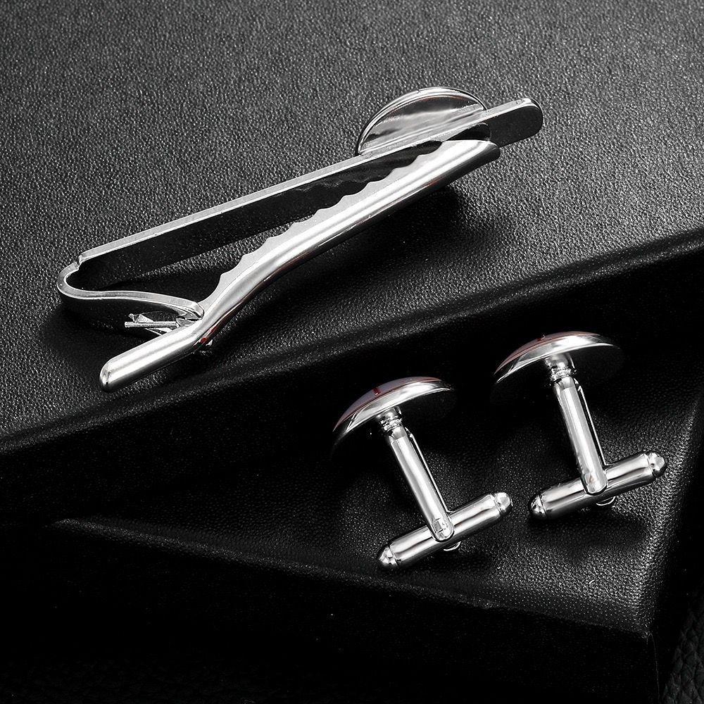 Elevate formal style with this sleek tie clip and cufflink set, showcasing vibrant flag-inspired circular enamel inlays on polished silver-toned metal, perfect β image 6