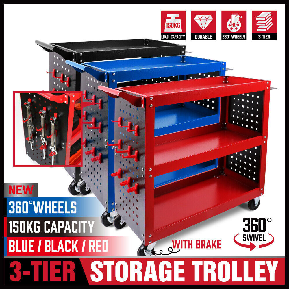Red 3-Tier Tool Cart Storage Trolley Toolbox Workshop Garage Organiser 150kg Red — image 3